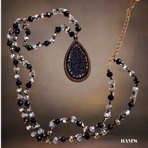 Black Druzy Teardrop Necklace 18” + Extender Gold Tone Beaded Statement